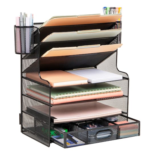 Mind Reader Mesh Desk Organizer, 6 Compartments, 1 Drawer, 2 Pen Cups, Office Desktop Organizer, Metal Mesh, Black